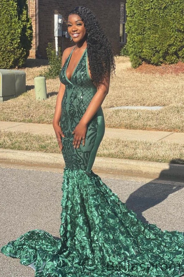 Bellasprom Green V-Neck Sleeveless Prom Dress Sequins Flowers Bottom Bellasprom