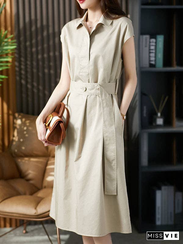 Plus Size Short Sleeves Bandage Solid Color Lapel Midi Dresses