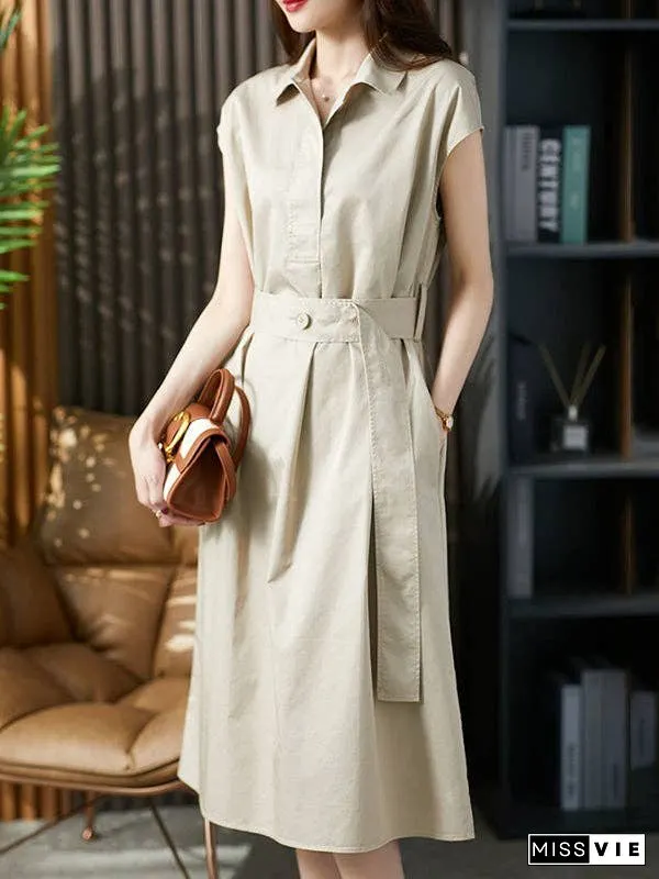 Plus Size Short Sleeves Bandage Solid Color Lapel Midi Dresses