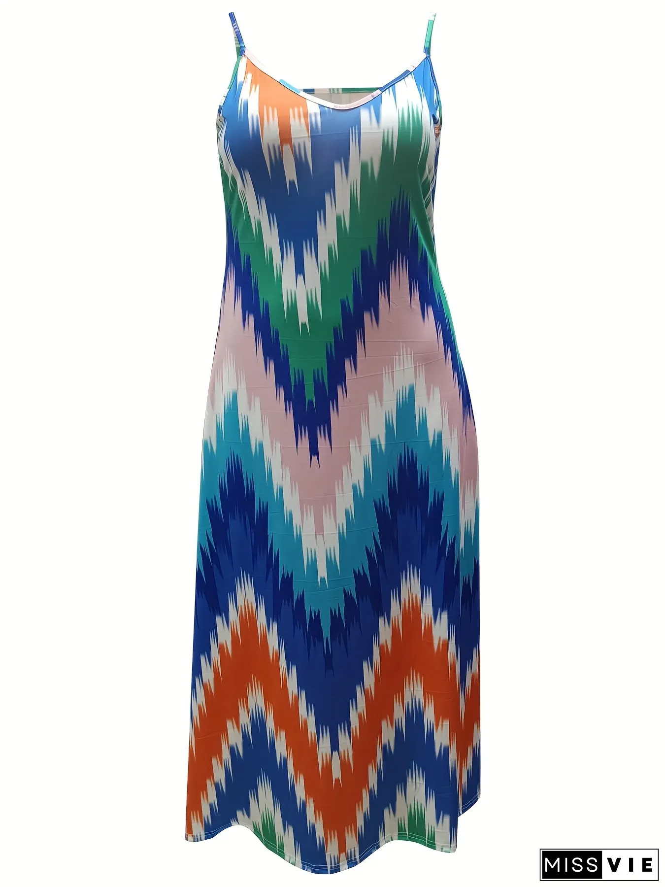 [Plus Size Vacation Maxi Dress] Colorful Geometric Flowy Plus Size Vacation Maxi Dress - Sleeveless V-Neck A-Line For Summer Beach