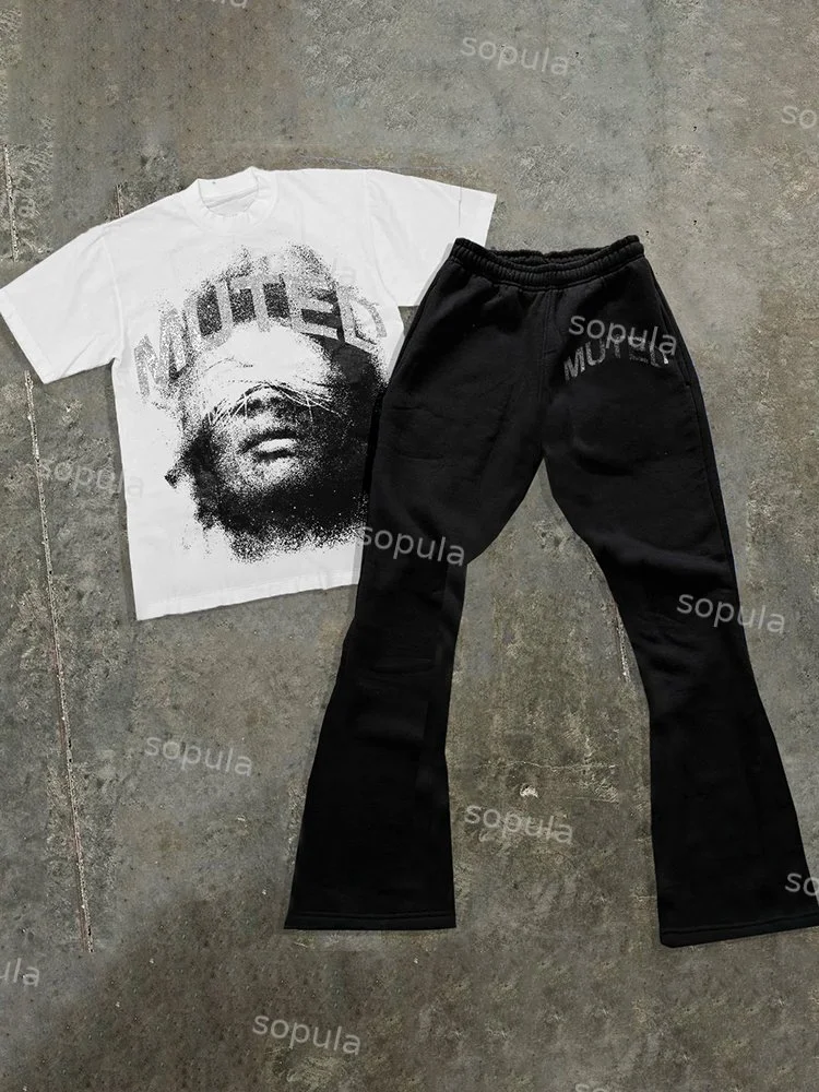 Sopula Vintage Muted Graphic Cotton Tee & Flared Trousers Two Piece Set