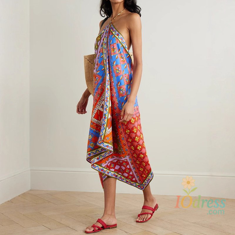 IO Dress New Summer Loose Satin Woman Party Dress Ethnic Retro Print Irregular Long Dresses Spring Sexy Halter Backless Hollow Boho Dress IO Dress