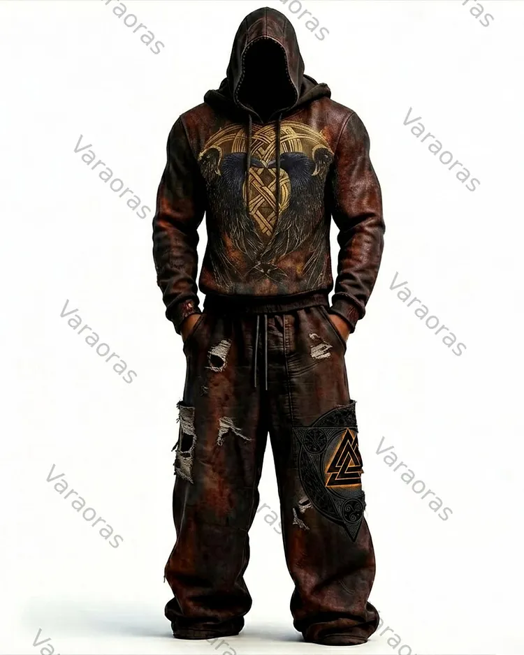 Men's Viking Color-Blocked Raven Embroidered Hoodie and Pants Two-Piece Set 1711