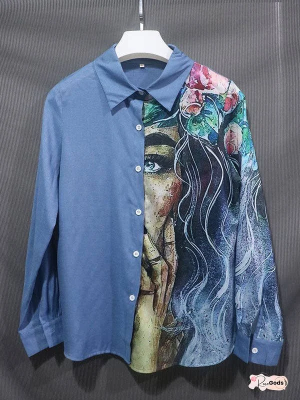 Stylish Asymmetric Floral Printed Lapel Long Sleeves Blouse Tops