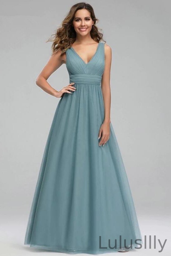 Glamorous Dusty Blue Chiffon V-Neck Long Evening Prom Dress - lulusllly