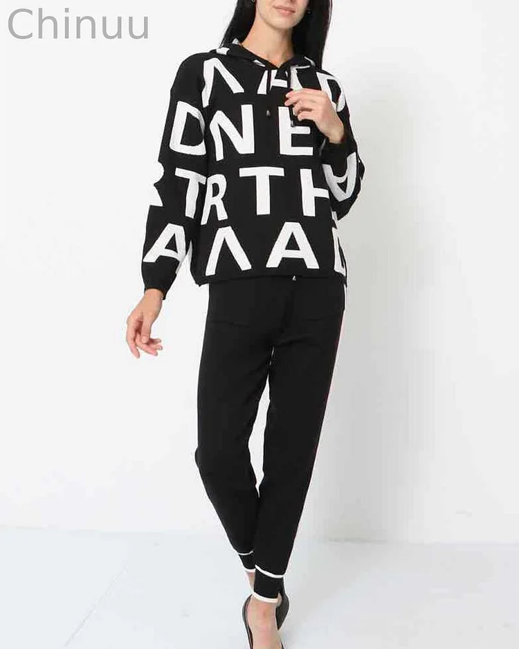 Hooded sports letter knitted two-piece set