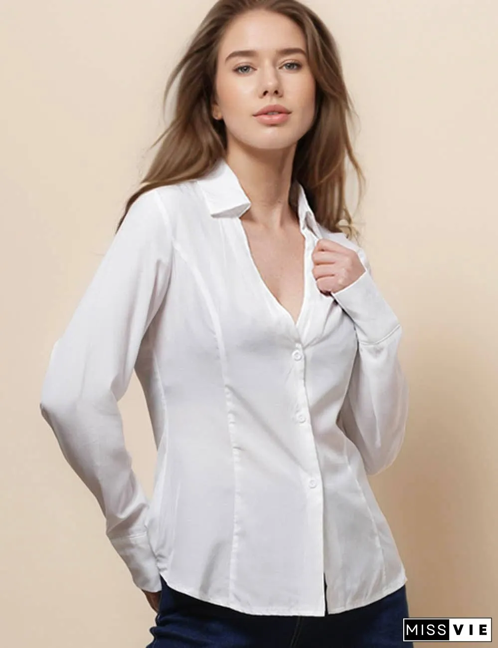 Ladies Long Sleeves Button Down White Shirt SKT51064