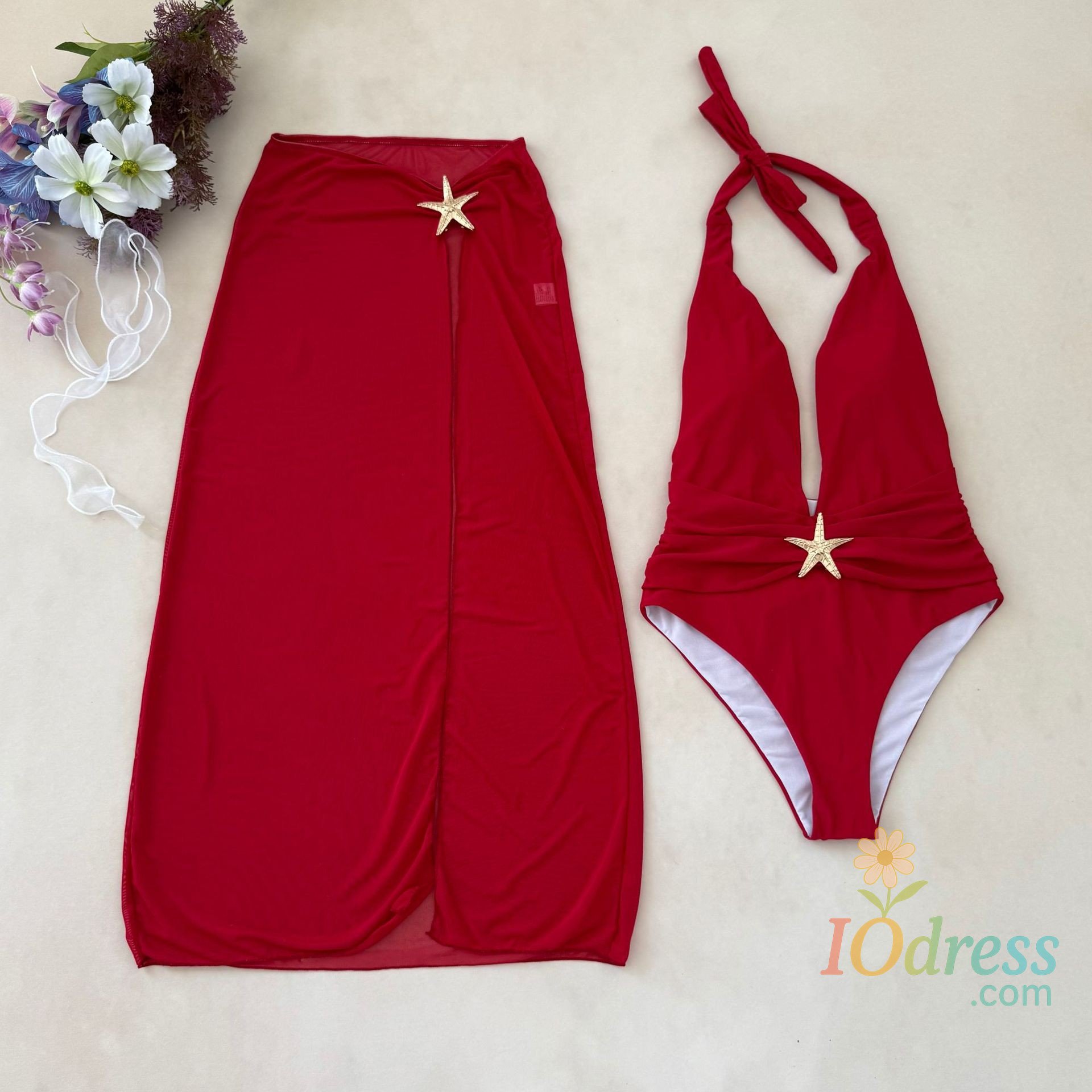 IO Dress 2 Piece Swimsuits for Elegant Women Starfish One Piece Bathing Suits with High Split Skirt Cover ups Sexy Halter Bikini Sets