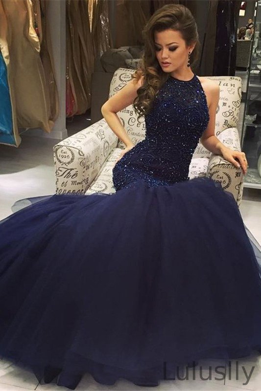 Luluslly Dark Navy Sleeveless Mermaid Prom Dress Lace Appliques