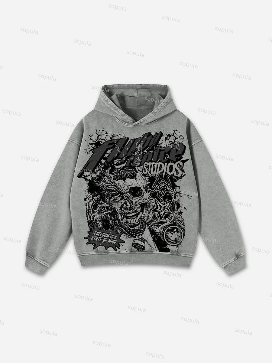 Sopula Fly By Choice Freedom Is A State Of Mind Skull Graphic Washed Hoodie
