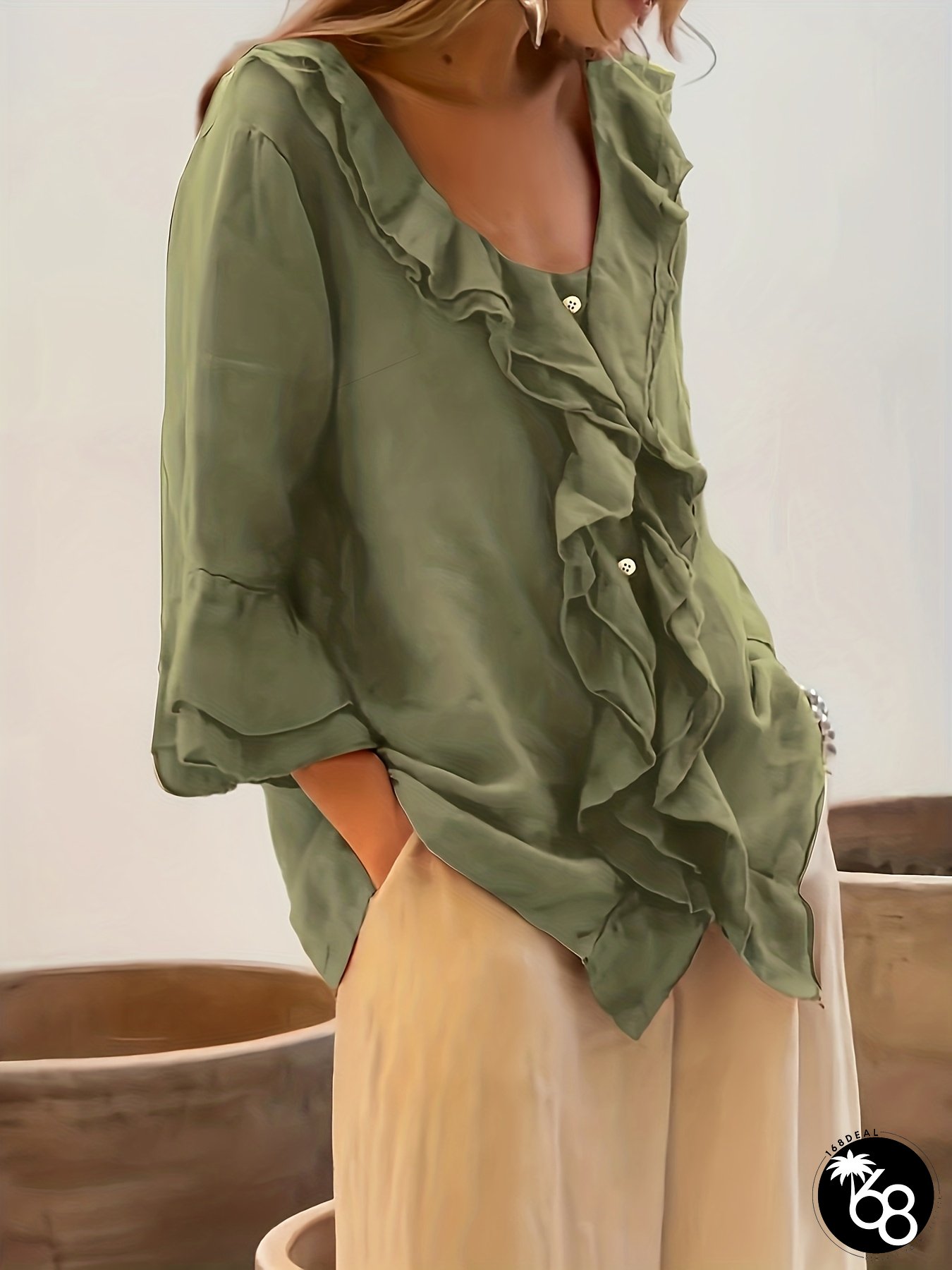 Green Double Layer Ruffle V-Neck Blouse with Asymmetrical Hem Casual Loose Fit Long Sleeve | 168DEAL