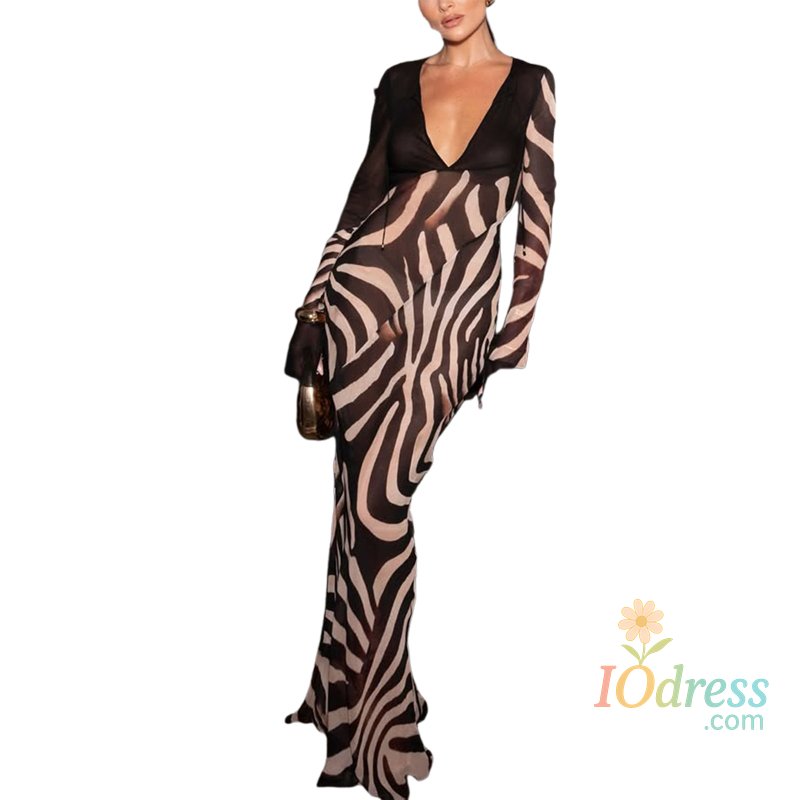 IO Dress Whatiwear Sexy See Through Dress Women Fashion Print Low-Neck Shirring Flared Sleeve Midnight Club Party Coquette Long Bodycon