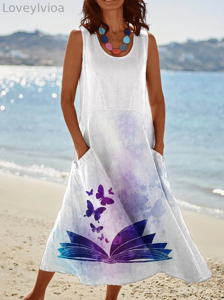 Women‘s Gradient Book Butterfly Pattern Pocket Pinafore Linen Dress