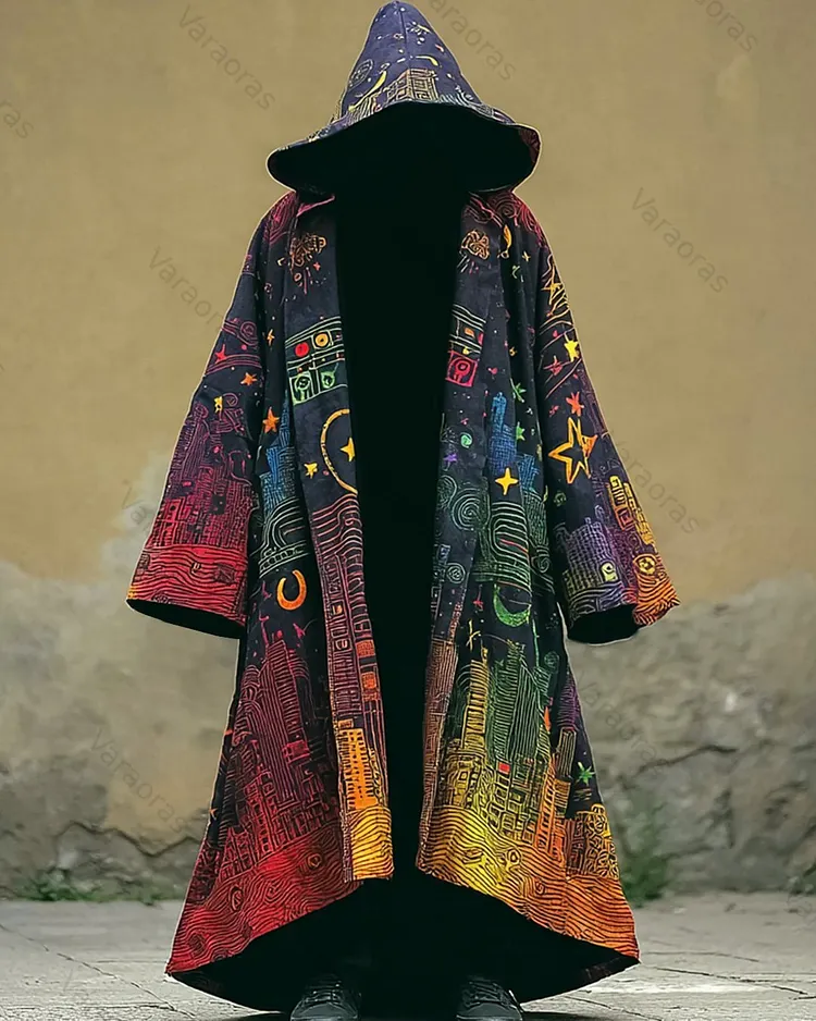 Men's Summer Fashion Star and Moon Print Linen Hooded Cape 6349