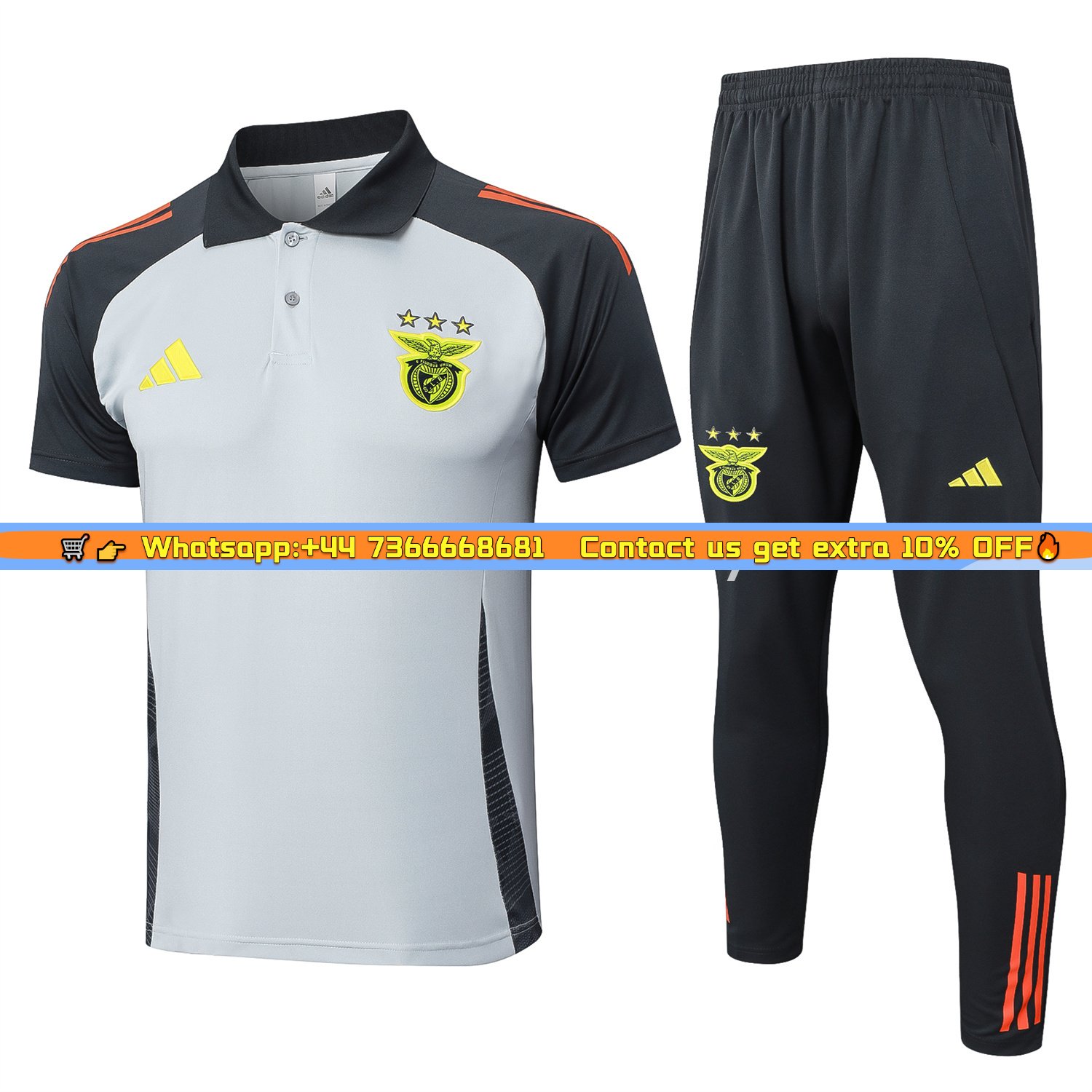 Benfica 25-26 POLO Short-Sleeve Training Set - Grey Top and Deep Grey Pants