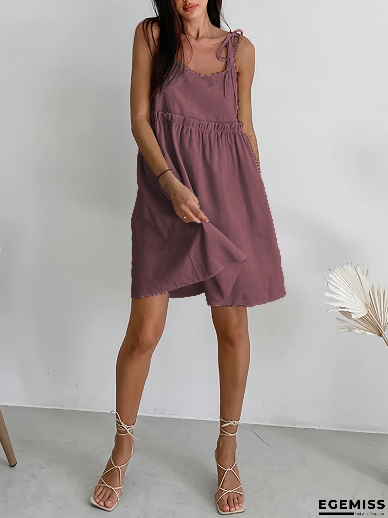 Women's Black Linen Sleeveless A-Line Dress - Casual Summer Vacation Style, Tie-Shoulder Detail, Flowy Short Dress For Beach Or Casual Outings, Beach Dresses, Beachwear, Minimalist Fashion, Comfortable Fit | EGEMISS