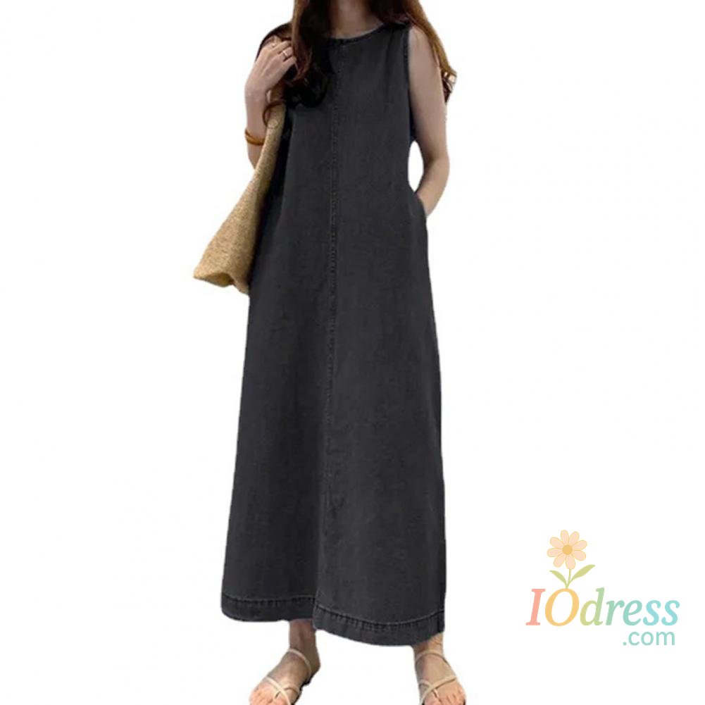 IO Dress Comfortable Fabric Dress Elegant Maxi Dress with Pockets for Women Solid Color O Neck Ankle Length Lady Dating Dress Soft