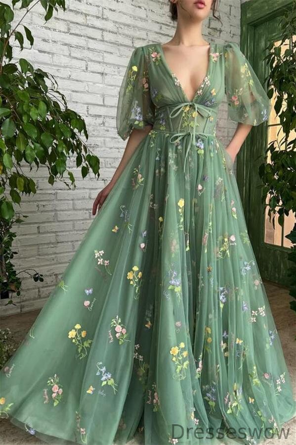 Dresseswow Dusty Sage Deep V-Neck Evening Dress Tulle Short Sleeves With Flowers