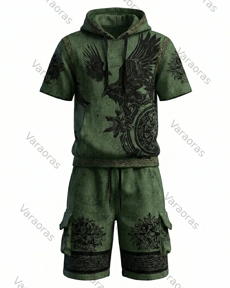 Men's Viking Contrast Color Embroidered Short-Sleeve Hoodie & Shorts Two-Piece Set 9858