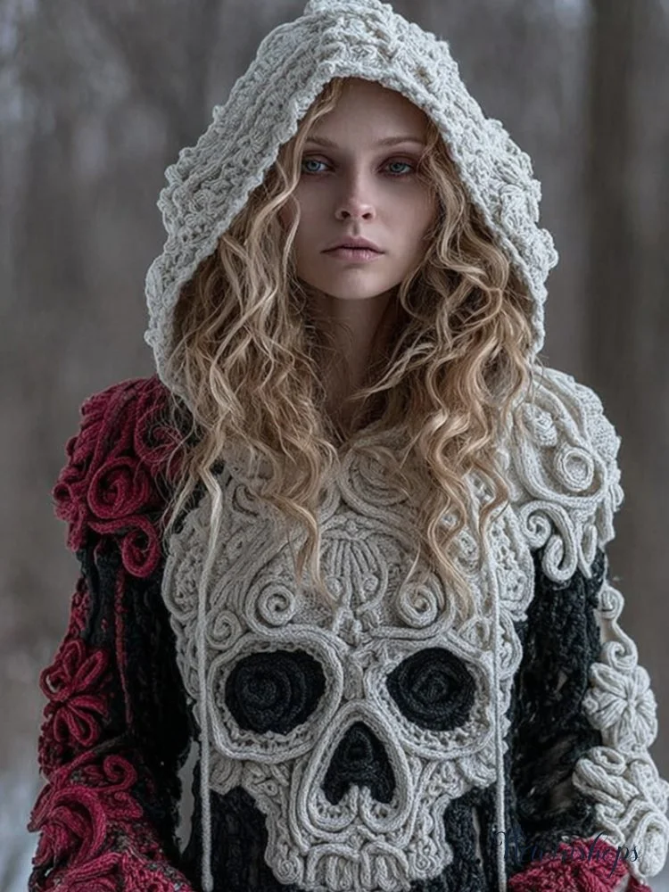 Women Halloween Big Skull Rose Vintage Hooded Sweater