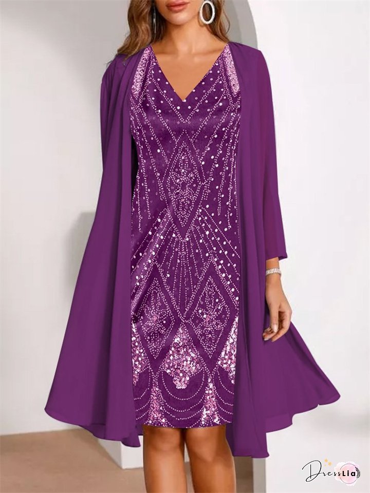 Spring and Autumn Chiffon Two-piece Set 3D Digital Printing Chiffon Shirt Skirt Long Sleeve V-neck Temperament Commuter Casual Suit Dress