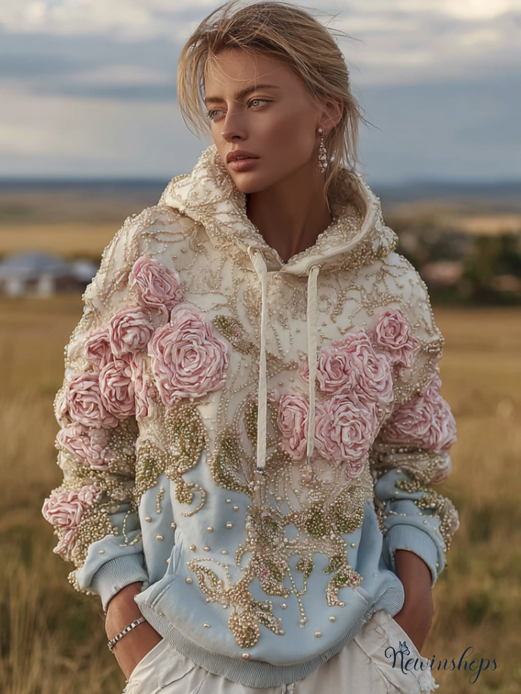 Bohemian Style Plant And Flower Embroidery Pattern Women's Hooded Sweatshirt