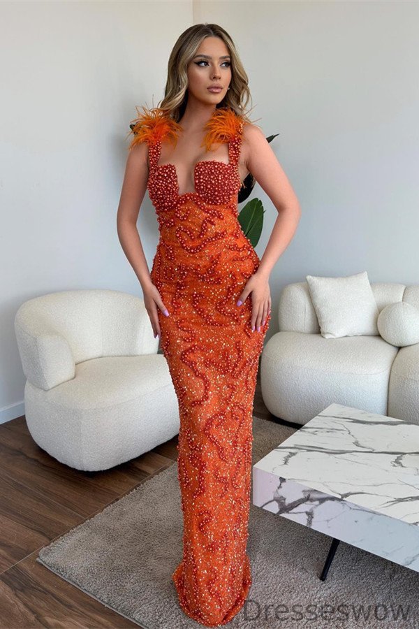 Dresseswow Orange Strapless Mermaid Prom Dress Pearls Long With Feather