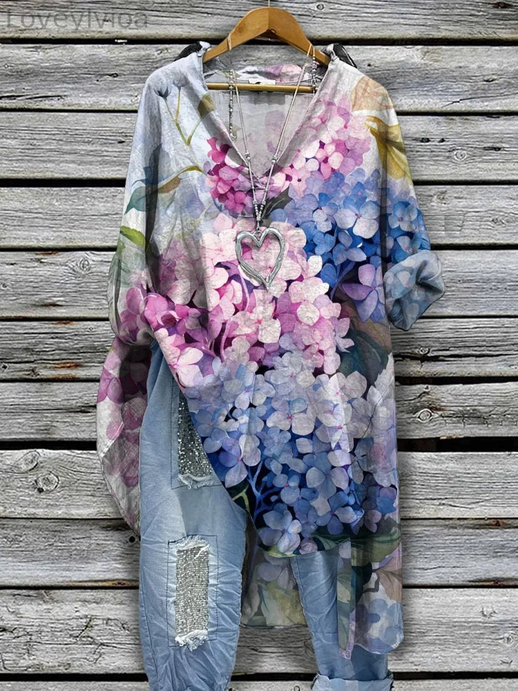 Women‘s Hydrangeas Flower Print Casual Cotton And Linen Shirtdress