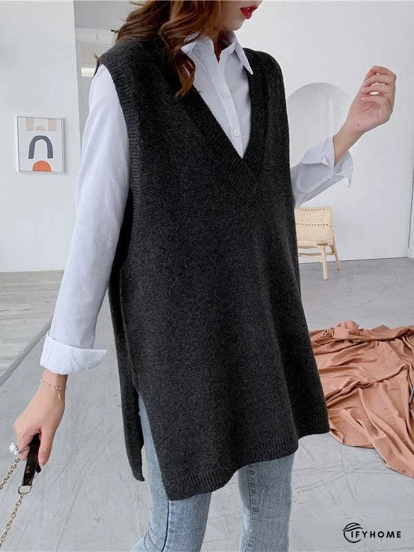 Trendy Sleeveless Split-Side Solid Color V-Neck Knitted Vest | IFYHOME