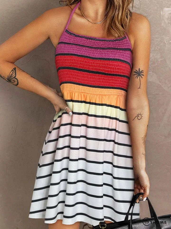 Smocked Sleeveless Striped Mini Dress | IFYHOME