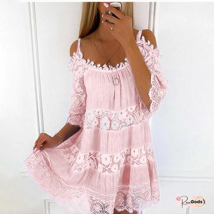 Lace Patchwork Suspender Flower Girdle Casual Solid Loose Dress White Dresses
