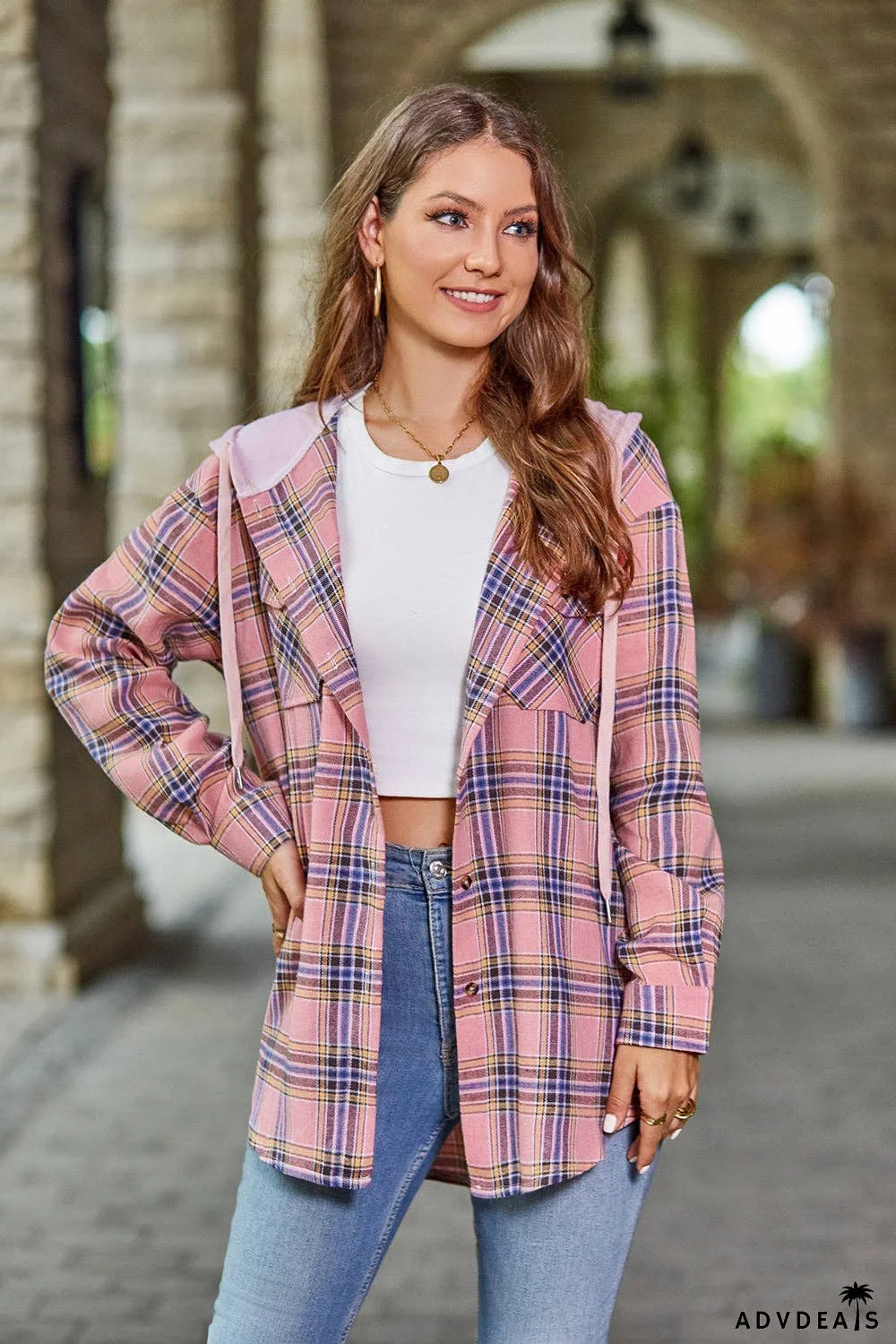 Plaid Long Sleeve Hooded Jacket