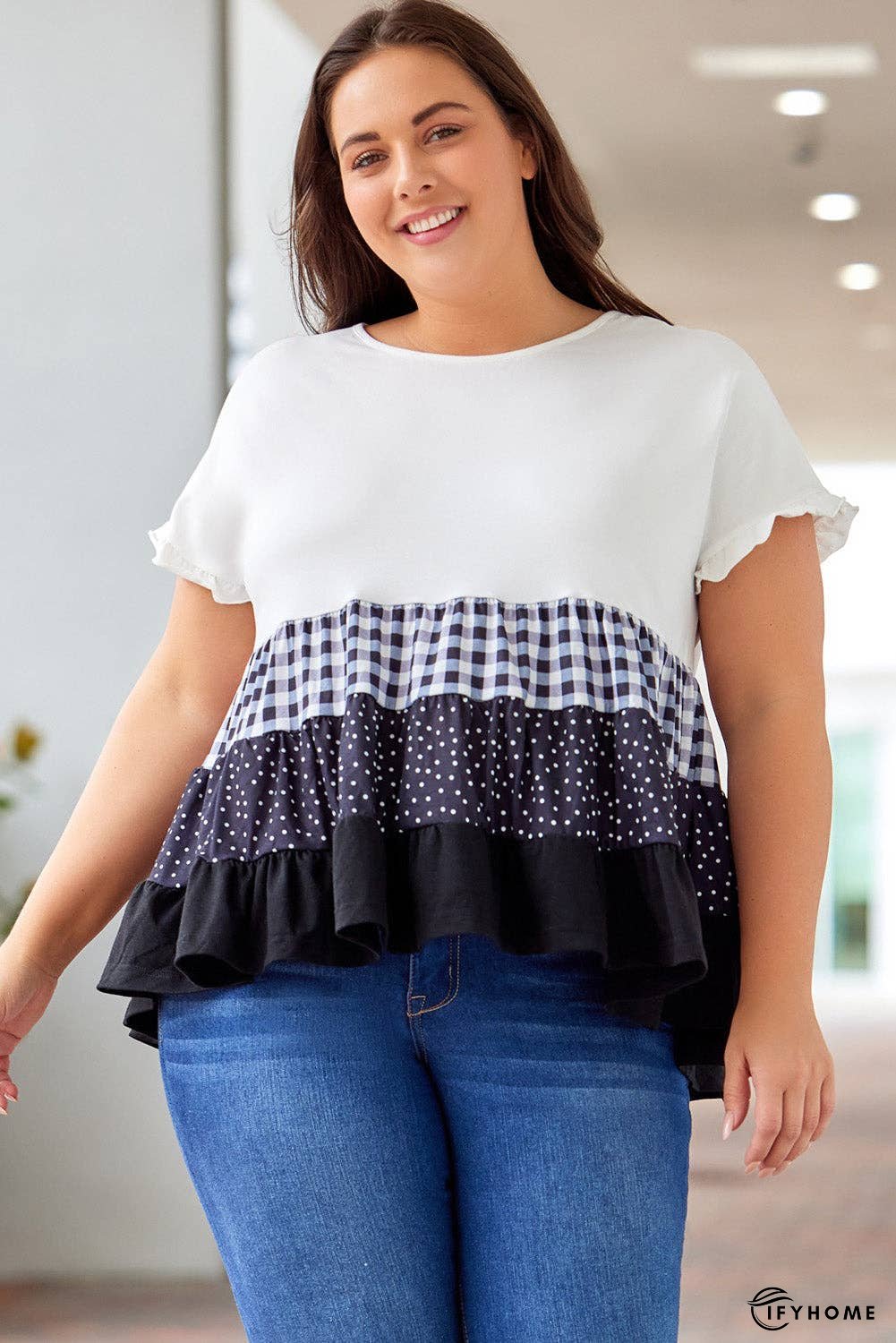 Plus Size Plaid Color Block Tiered Blouse | IFYHOME