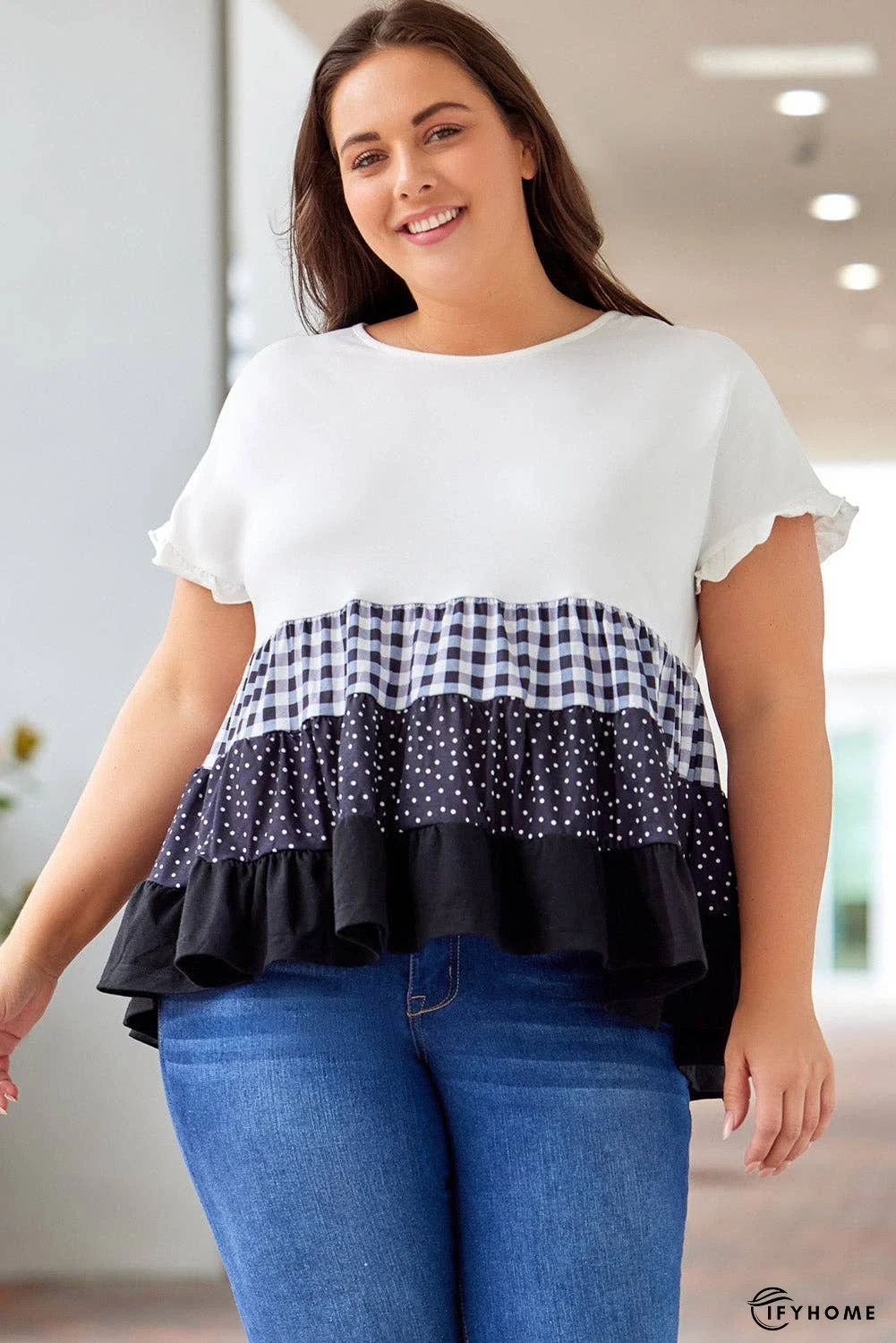 Plus Size Plaid Color Block Tiered Blouse | IFYHOME
