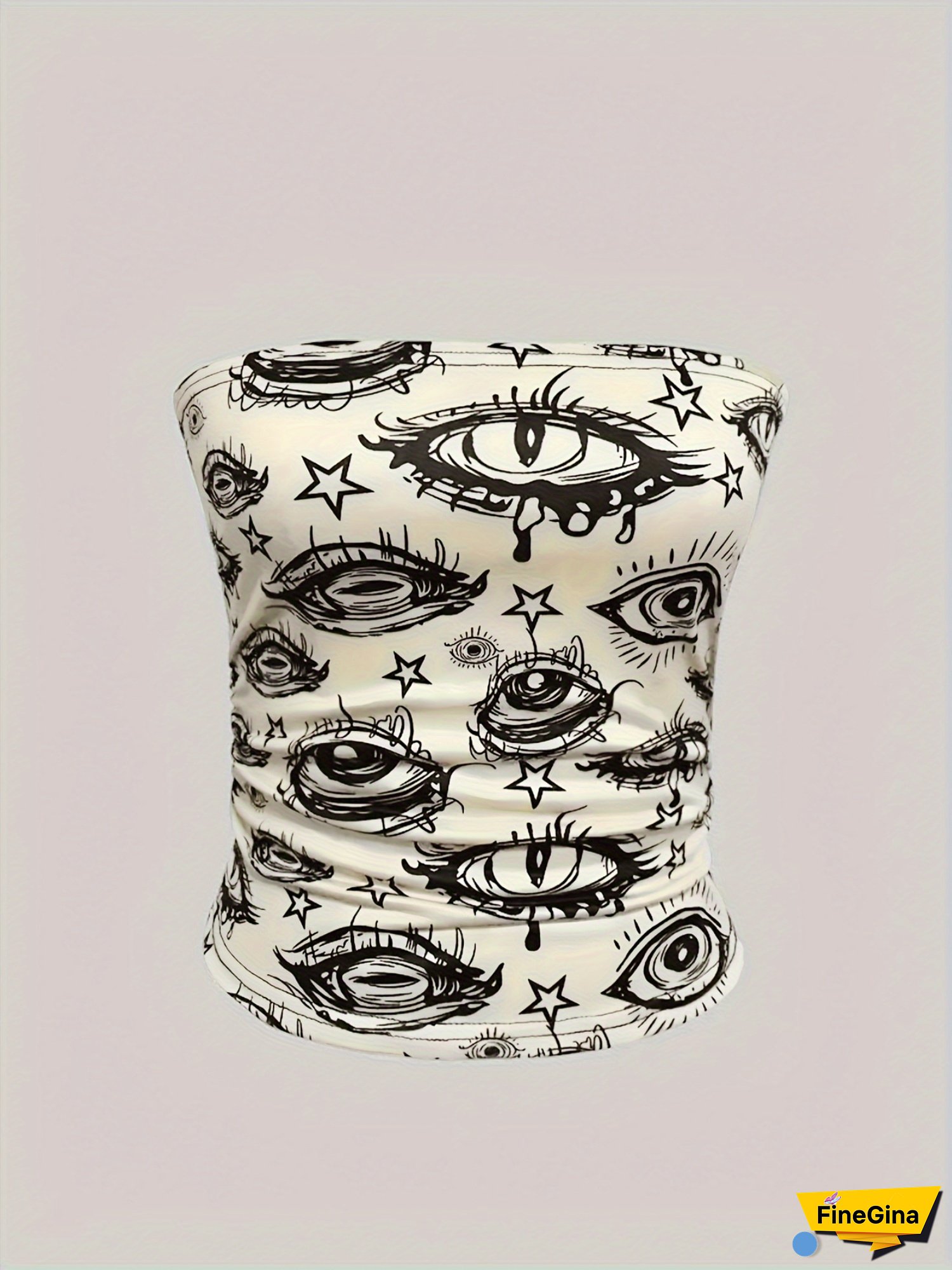 Y2k-Inspired Geometric Eye Print Sleeveless Tube Top For Women - Sexy Strapless Summer Blouse, Black With White Eye Design, Lightweight Polyester, Perfect For Casual Or Party Wear, Summer Fashion Top | Y2k Fashion | Lightweight Top