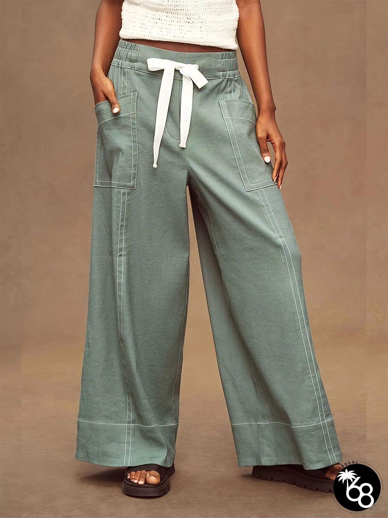 Womens Solid Wide Legs Pants Drawstring Waist loose fit non stretch trousers machine | 168DEAL