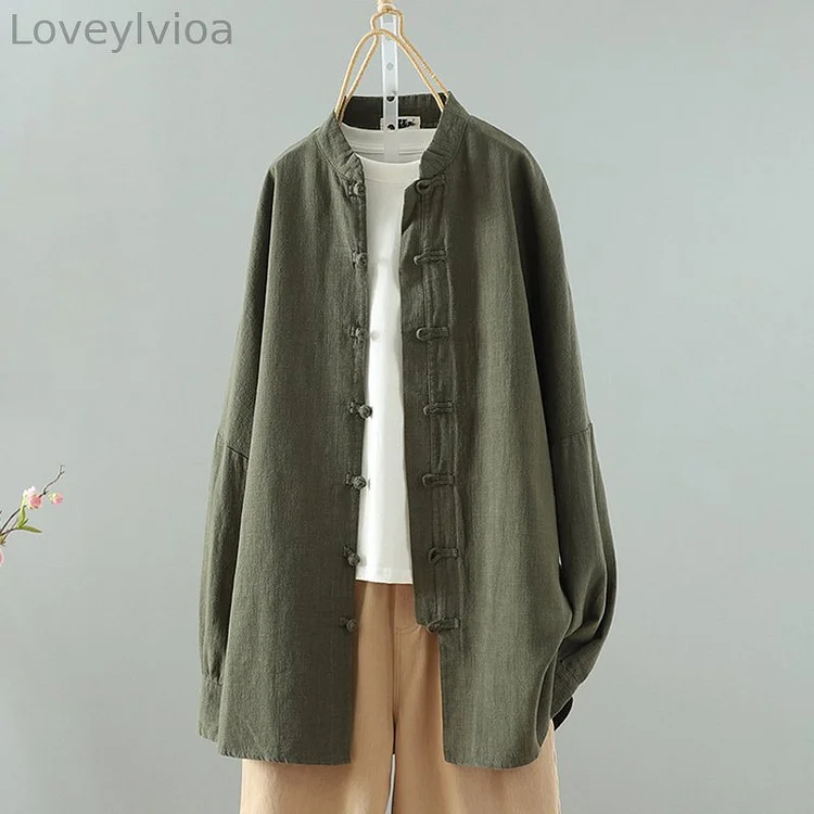 Women's Retro Button Up Cotton And Linen Shirt