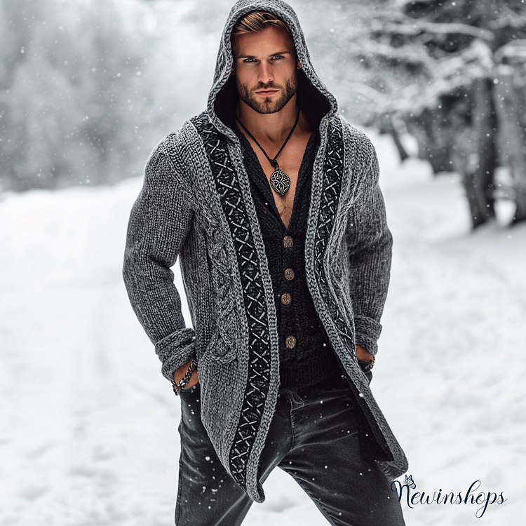 Men's Viking Celtic Knot Pocket Mid-length Cardigan Sweater
