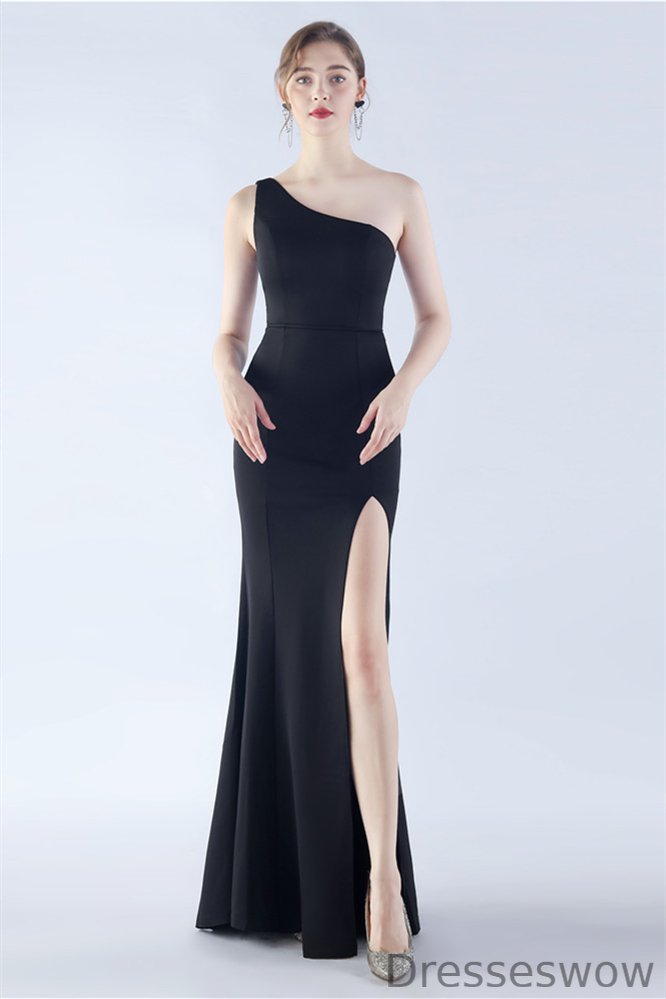 Dresseswow High Split Long Evening Gown Satin Mermaid With One Shoulder