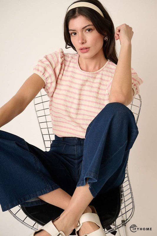 Mittoshop Contrast Striped Short Puff Sleeve Knit Top | IFYHOME