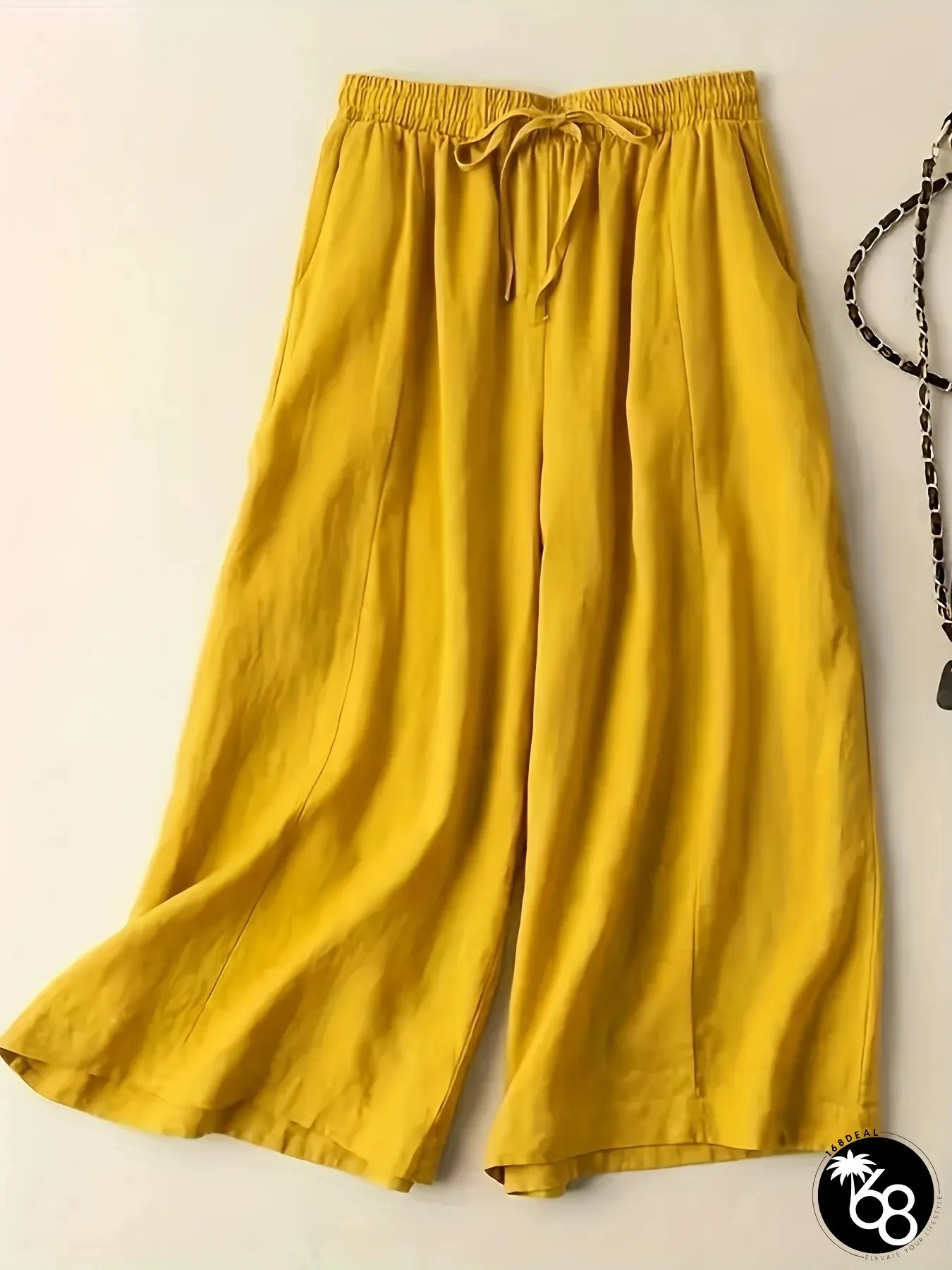 Womens Casual Solid Color Loose Fit Length Pants With Fake Drawstring Detail Comfortable | 168DEAL
