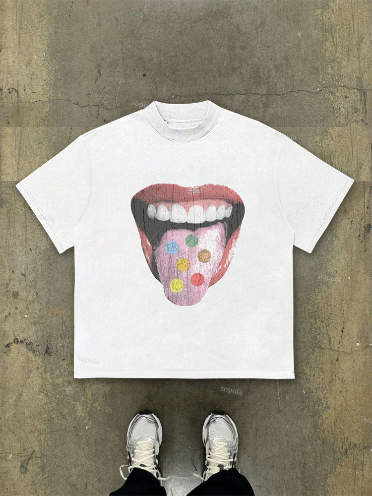 Colorful Tongue Piercings Lips Graphic Cotton T-shirt