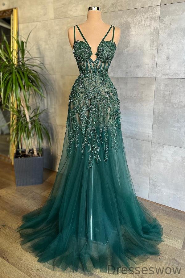 Dresseswow Sleeveless V-Neck Dark Green Prom Dress Tulle Long With Applqiues Beads