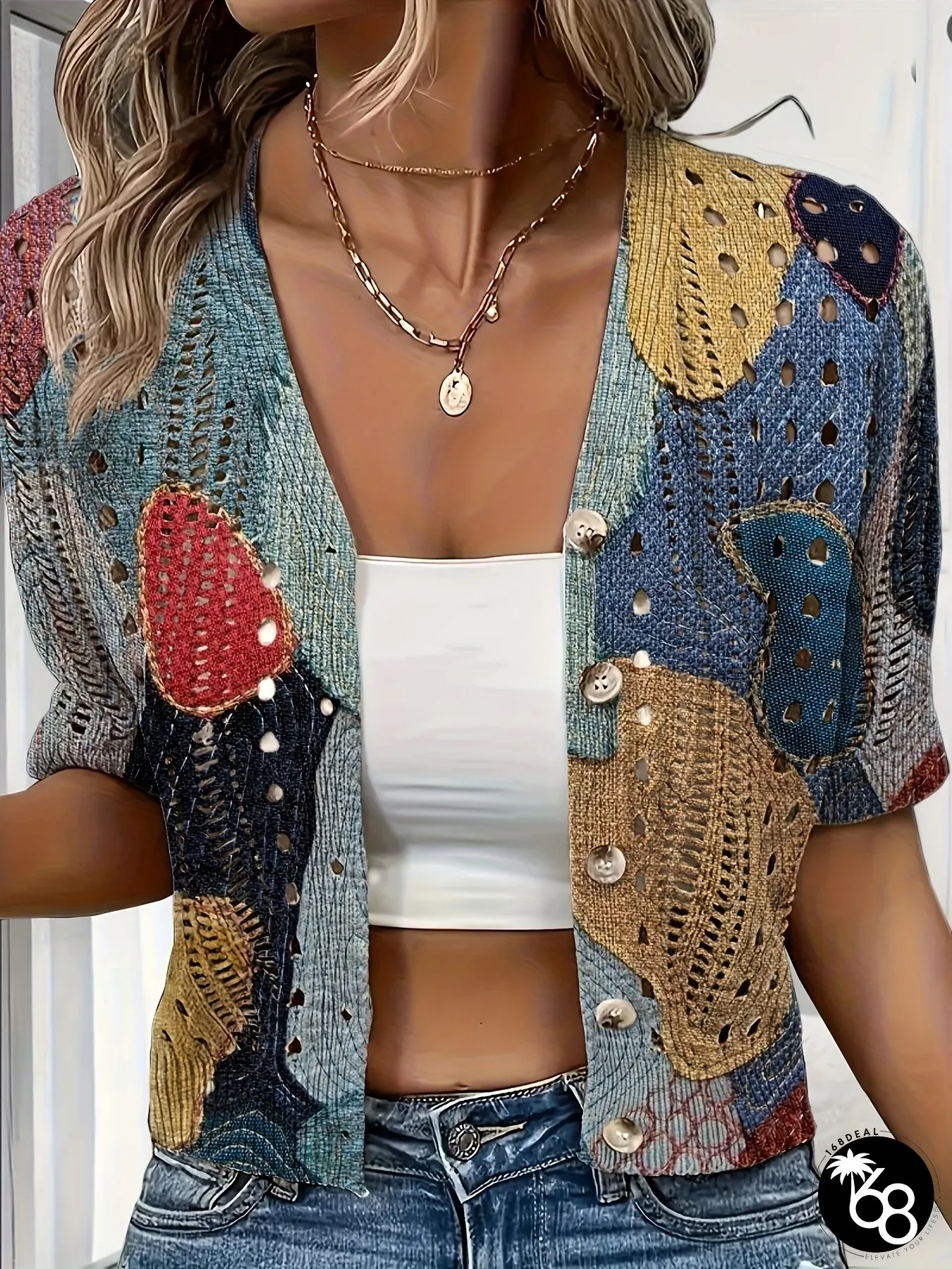 Bohemian Style Womens V-Neck Color Block Lightweight Beach Cover-Up With Open Front | 168DEAL