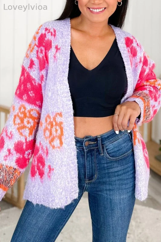 Lavender Fuzzy Floral Long Sleeve Knit Cardigan