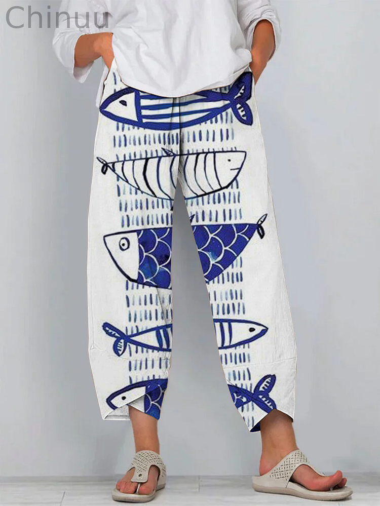 Japanese Blue Sardines Art Print Cropped Pants