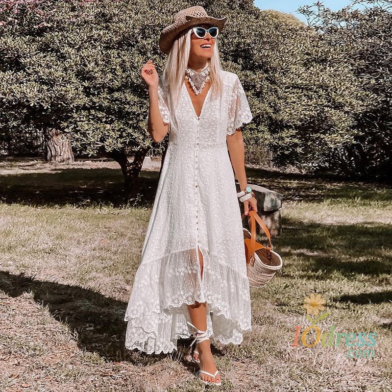 IO Dress Dress Women Off Shoulder Lace Patchwork Elegant Dress Casual Bohemian Deep V Neck Short Sleeve Loose Vestidos Summer Dresses