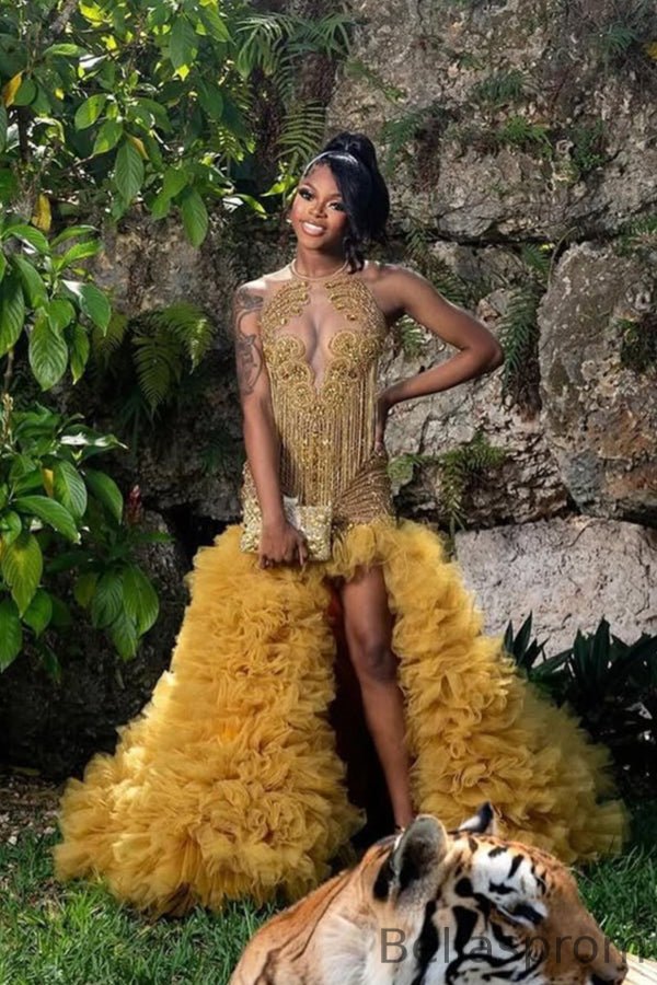 Bellasprom Gold Sleeveless Prom Dress Split With Beadings Tulle Ruffles Bellasprom