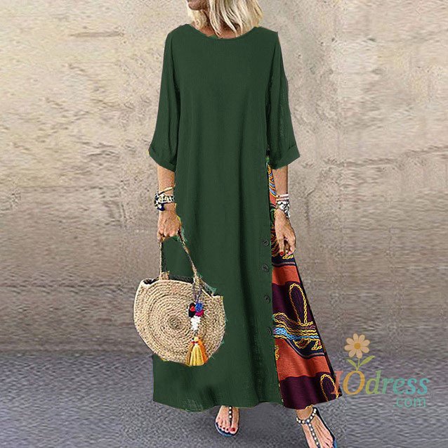 IO Dress Cotton Linen Vintage Long Dresses Women Three Quarter Sleeves Splicing Print Loose A-line Dress Fashion Casual Lady Maxi Vestido IO Dress