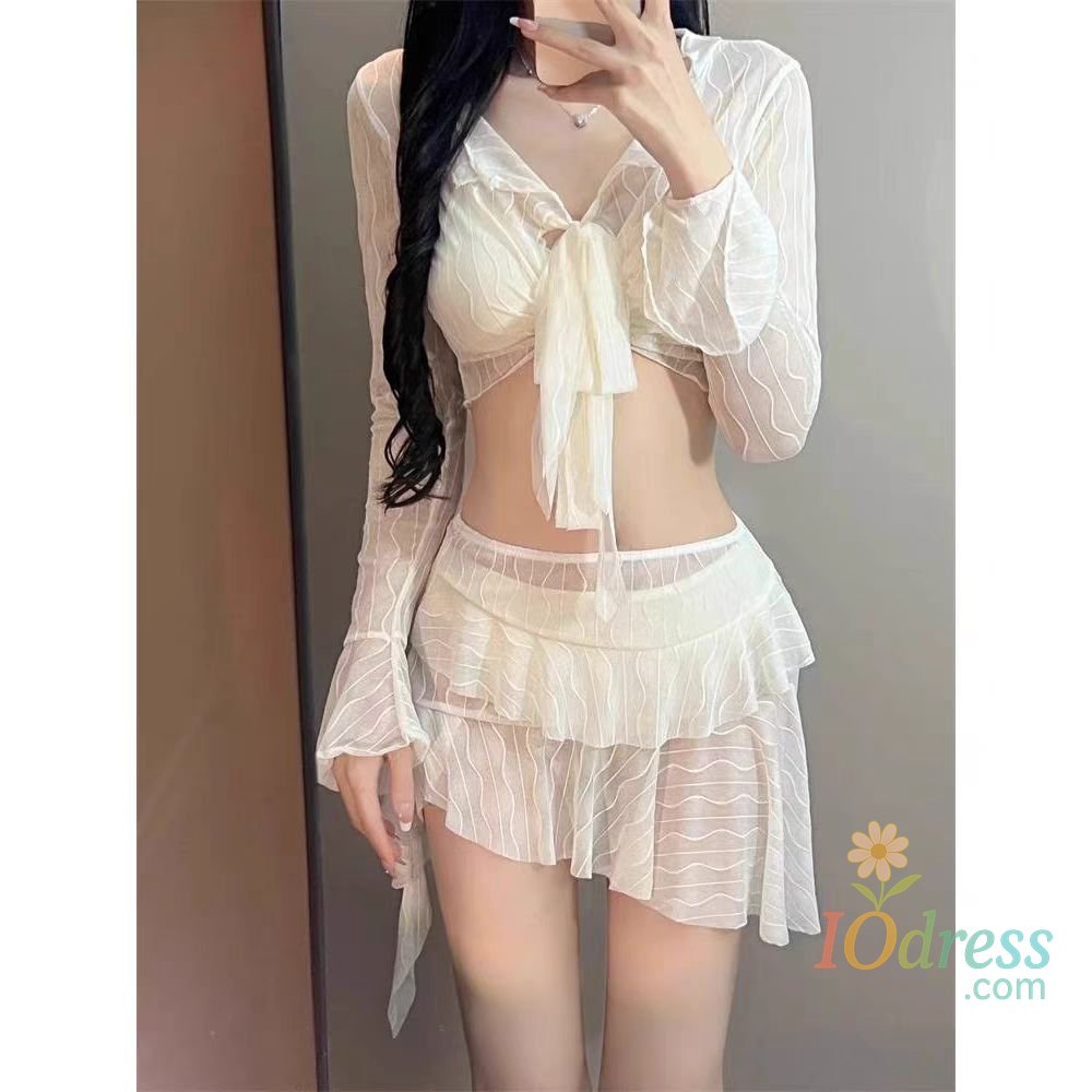 IO Dress Bikini Swimwear Set Long Sve Lace Thermal Spring Summer Women's Separate Sle Wavey Airy Feel Polyester V-Ne Fitn